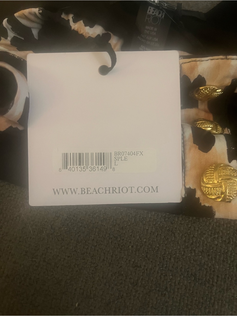 NWT Beach Riot Black and Cream Animal-Print bikini top with gold buttons. - Picture 5 of 6